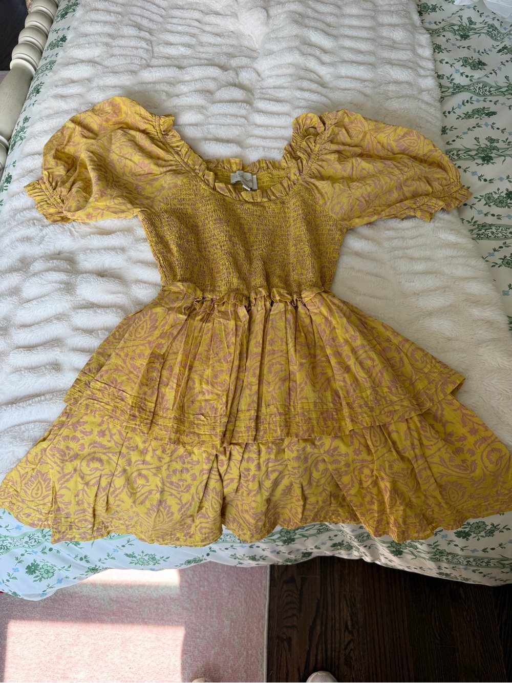 Cleobella Yellow Floral Smocked Puff-Sleeve Dress